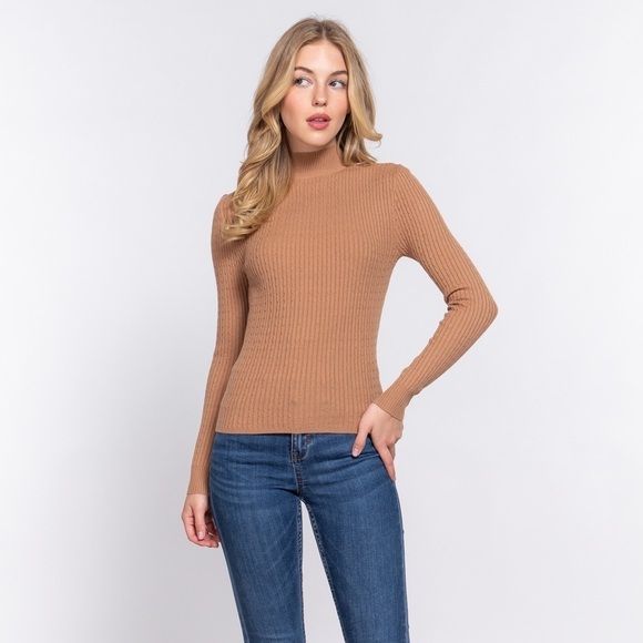 #122 New Khaki Long Sleeve Mock Neck Rib Sweater - Timeless Sophistication - Picture 5 of 5